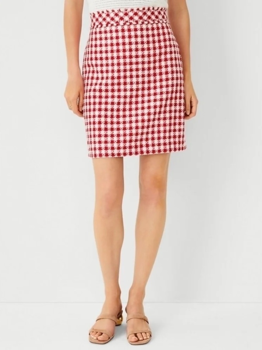 Ann Taylor Gingham Fringed Tweed Mini Skirt in Red and White Size 4